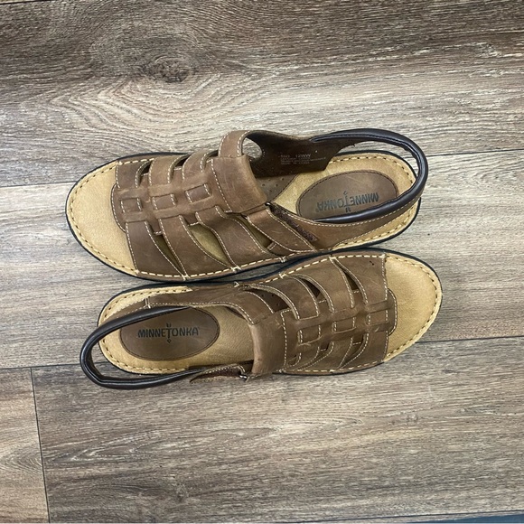 MINNETONKA Leather Fisherman's Sandals Open Toe Brown Women 12 Wide Adjustable - Picture 6 of 11